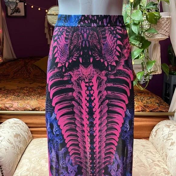 Vintage Lip Service Pink & Purple Cyber Alien Skeleton Mesh Maxi Skirt - Picture 2 of 5